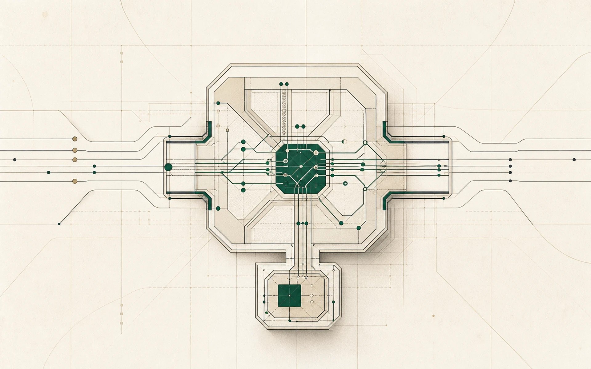 Abstract integration junction routing connections through a detailed green technical module.