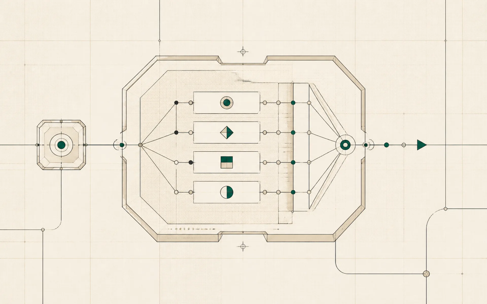 Abstract technical evaluation module with connected inputs and precise green system nodes.